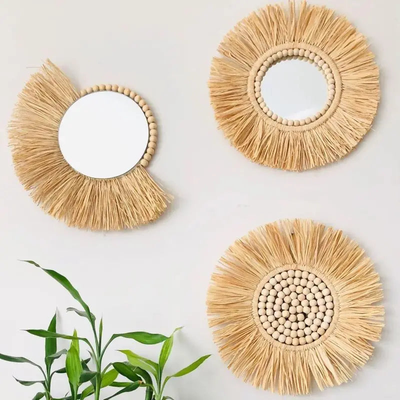 INS Moroccan Wood Bead Straw Woven Mirror Wall Ornaments Living Room Background Bedroom Mirrors Boho Homestay Home Decor Crafts