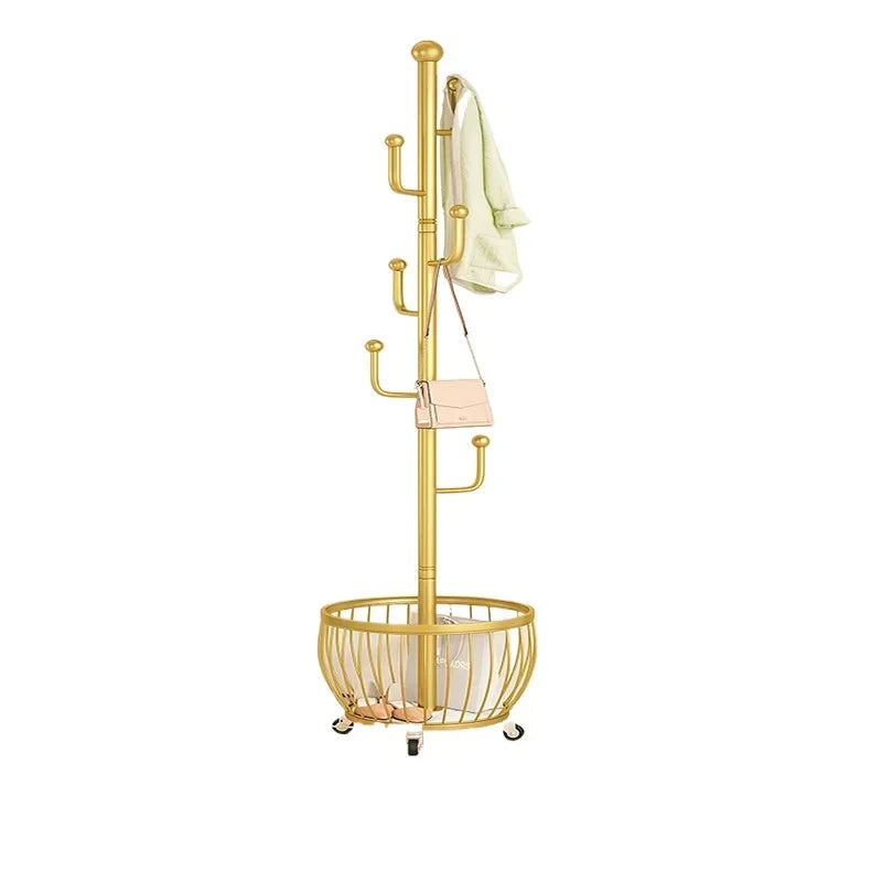 Standing Coat Rack with Basket, Entryway Coat Hanger Stand, Mobile Clothes Storage Rack with Wheels, Hallway