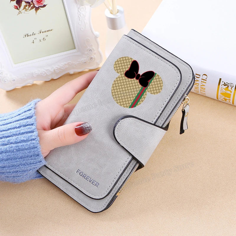 Mickey Minnie Mouse Pu Leather Wallet Women Zipper Frosted Coin Purse Ladies Credit ID Card Holder Disney Versatile Long Wallet