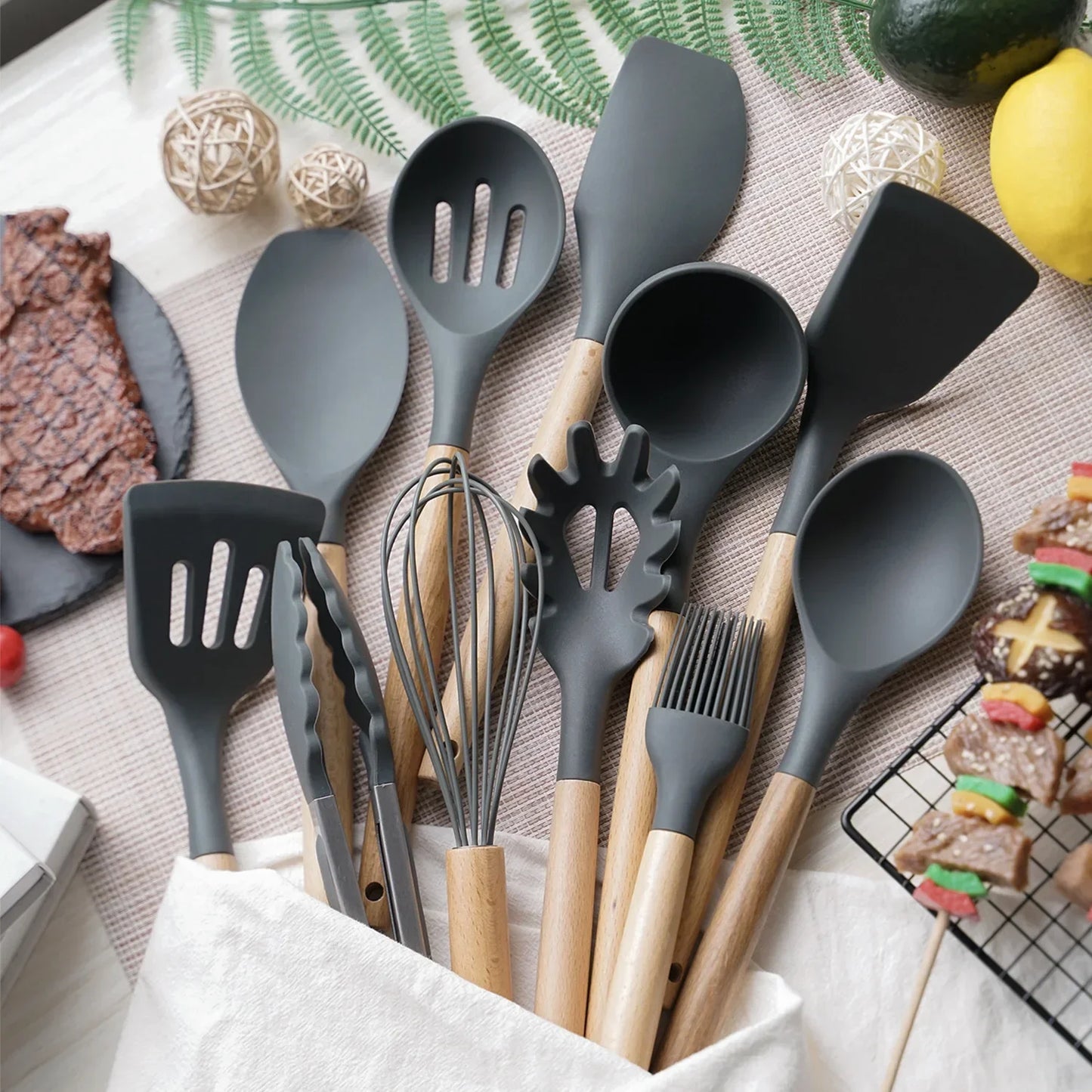 Hemasa 12PCS Silicone  Non-Stick Cookware Kitchen Utensils Set Spatula Shovel Egg Beaters Wooden Handle Cooking Tool Set