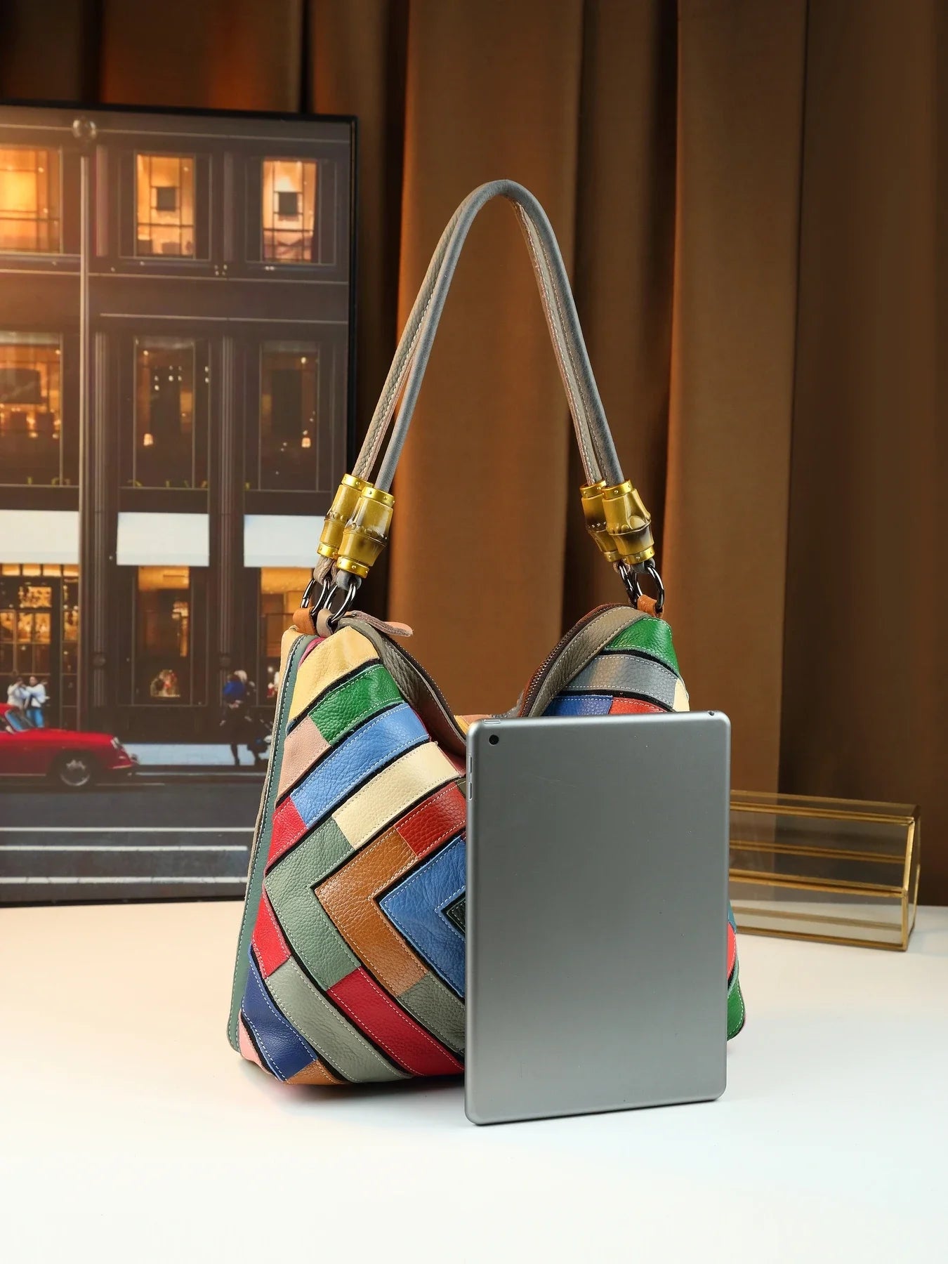 Tejesa rainbow color block printing new leather shoulder tote bag