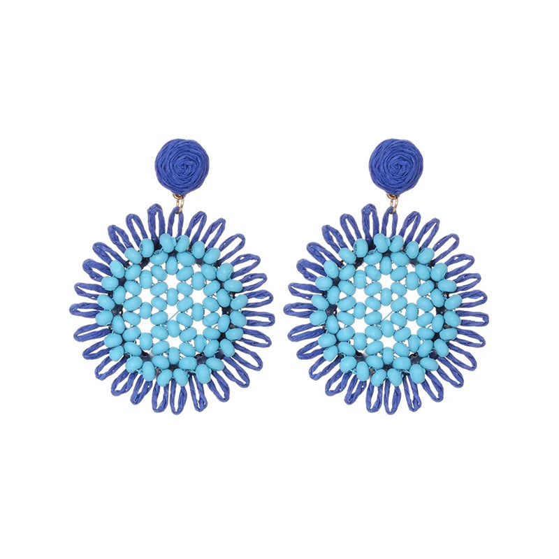 Bohemia Handmade Rice Bead Rattan Weaving Piercing Earrings for Women Sunflower Individualized Sunflower Fashion Trends Jewelry