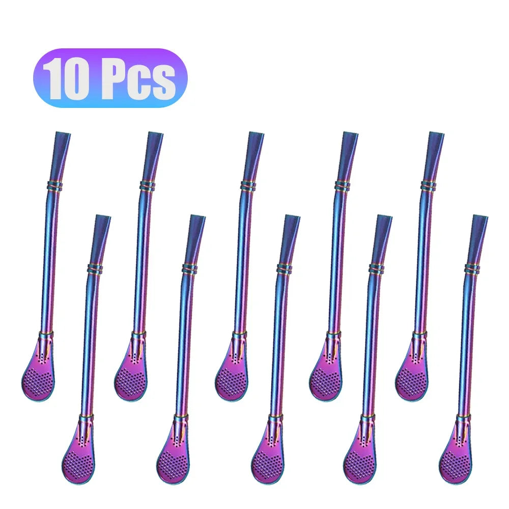 1-10Pcs 304 Stainless Steel Drinking Straw Spoon Tea Filter Reusable Bombilla Gourd Cocktail Straw Spoon Coffee Bar Accessory