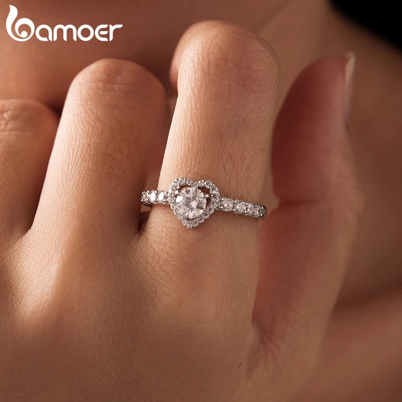 BAMOER 0.5CT Moissanite Hollowed Heart Engagement Band Ring Half Enternity Ring for Women Wedding Jewelry Round Cut D Color VVS1