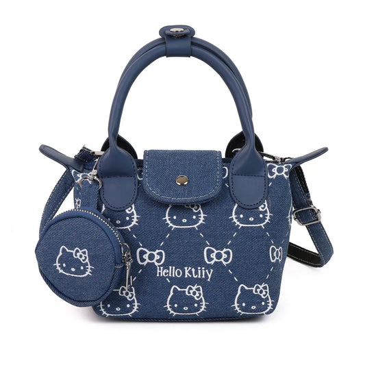 Cute Sanrio Hello Kitty Bag Denim Handbag Cartoon Printed Crossbody Bag Cosmetic Shoulder Bag Women Girls Makeup Organizer