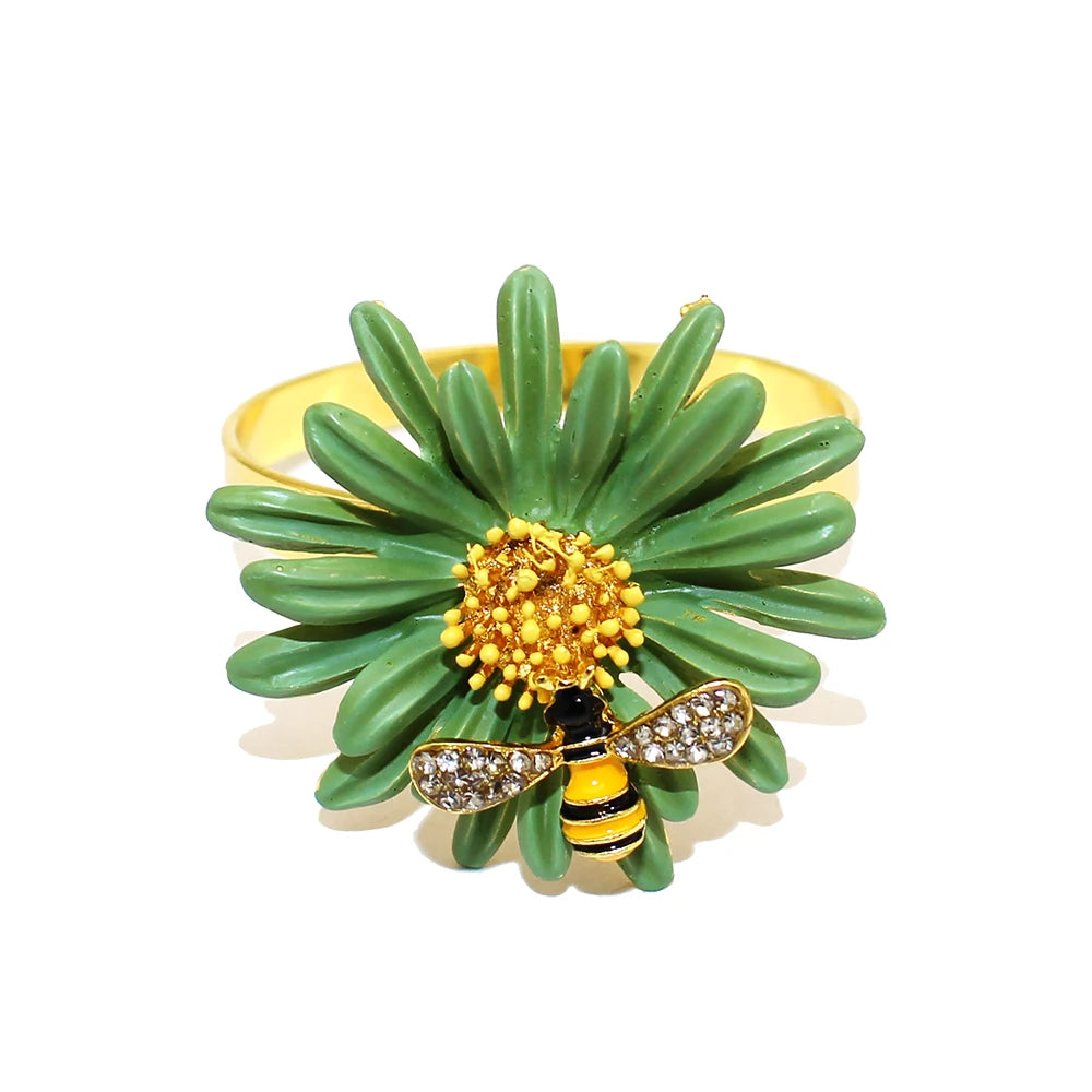Hemasa 6Pcs Flower Bee Napkin Rings/ Metal Daisy Flower Napkin Rings
