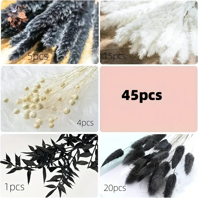 45pcs Dried Flowers Bouquet Black White Style Fluffy Pampas Rabbit Tail Grass for Halloween Party Decoration Home Accessories
