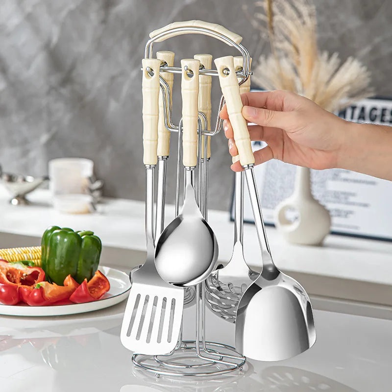 Hemasa 7pcs Stainless Steel Spatula Soup Spoon Kitchenware Set Cooking Spatula /Ceramic Handles