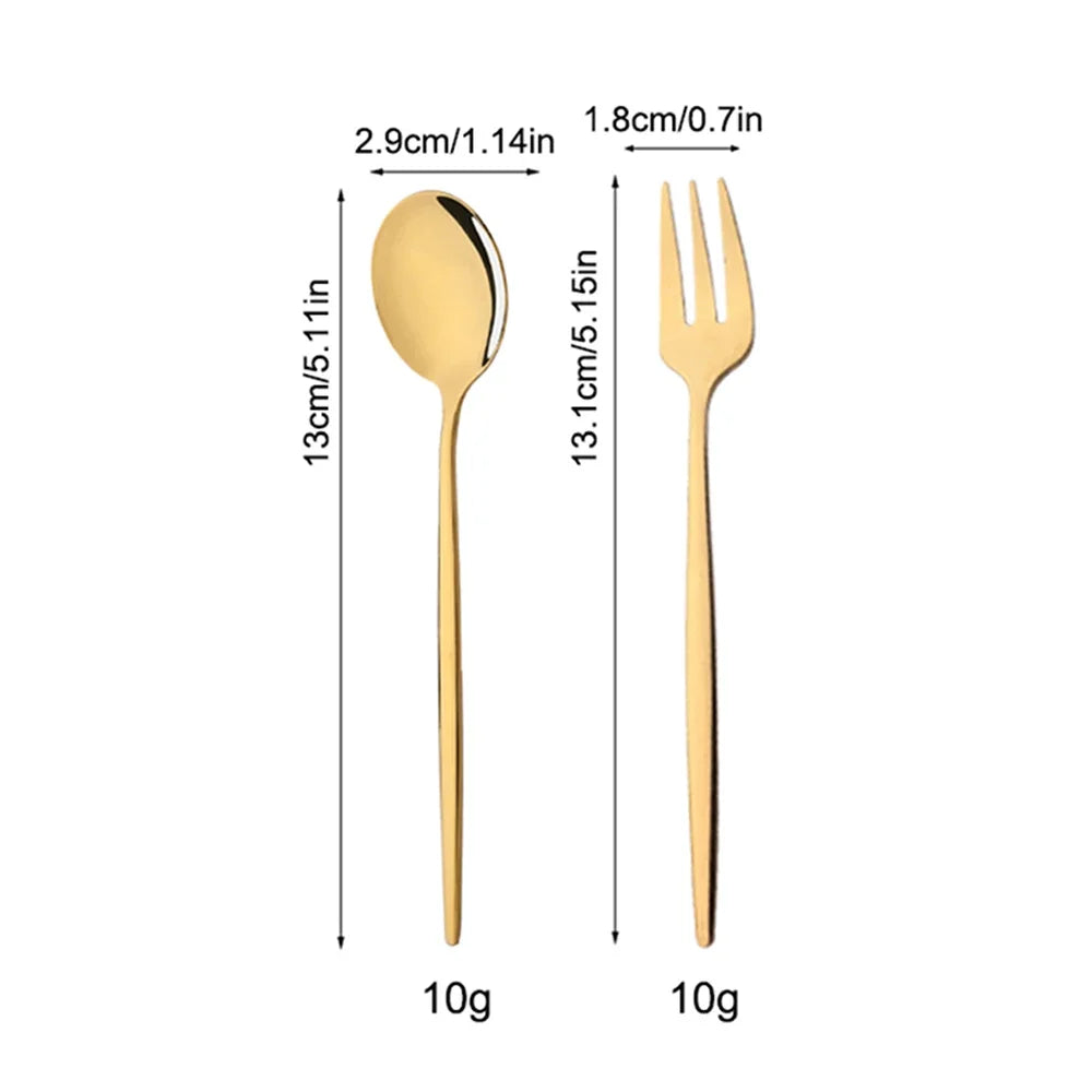 Hemasa 12Pcs Stainless Steel  Gold Fork Spoon Set/ Cake Fork Snack Salad Coffee Fruit Fork Spoon Cutlery Kitchen Dinnerware Set
