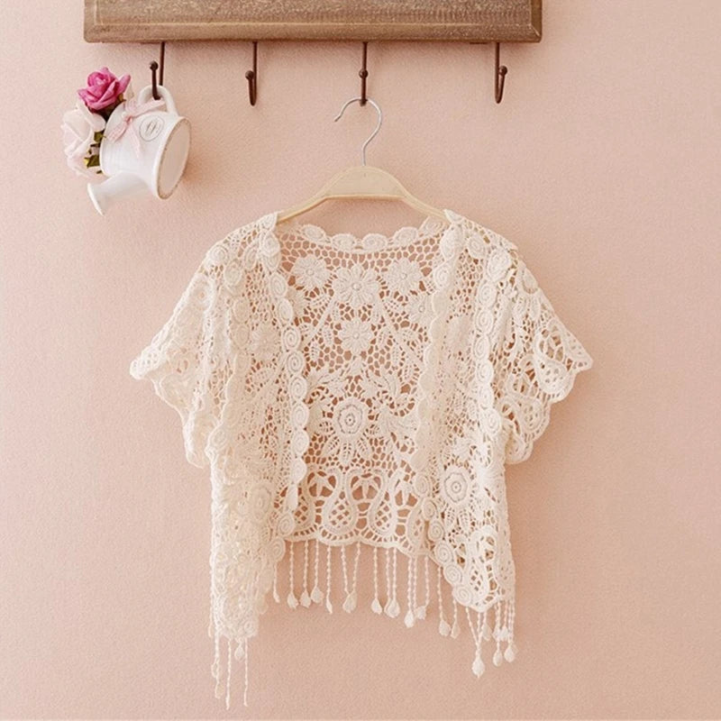 Womens Summer Short Sleeve Tassels Lace Cardigan Floral Crochet Beach Cover Up Shrugs Open Front Crop Jackets N7YD