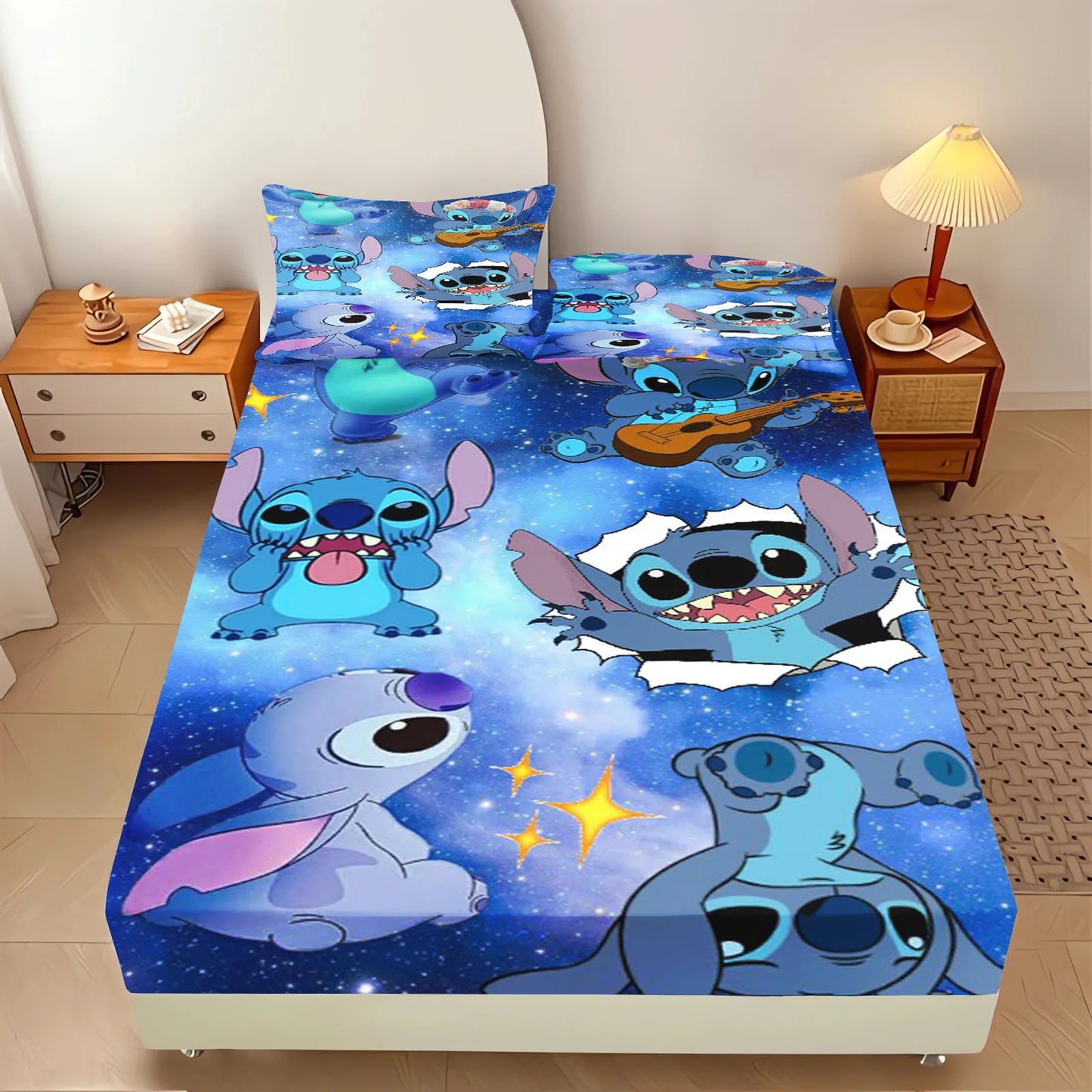 Stitch Fitted Sheet 100% Polyester Bedding Set With Pillowcase Suitable For Children And Adults Anime Kawaii