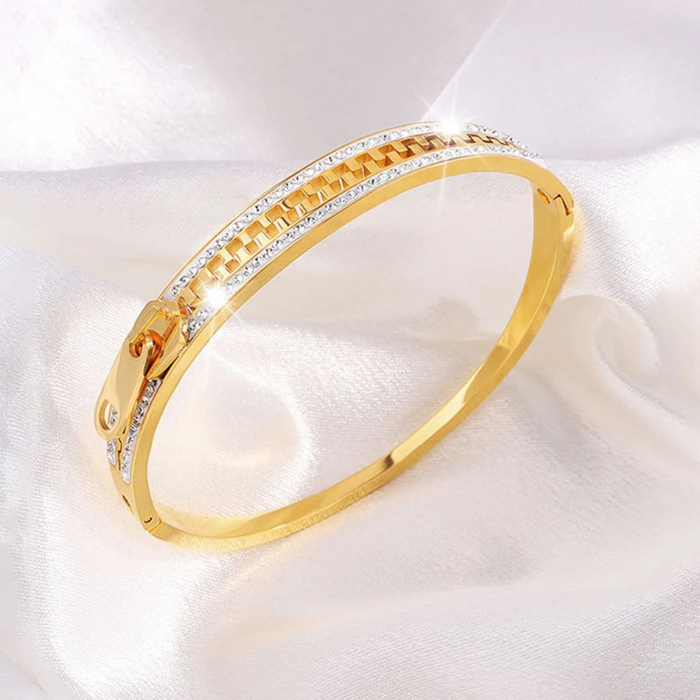 Tejesa Shiny Zipper Bangle /Cstal Bracelet Gold Plated Fashion Zip Titanium Steel Hand Chain Gift