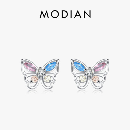 MODIAN 925 Sterling Silver Rainbow Colorful Zirconia Stud Earrings Luxury Hollow Butterfly Fine Jewelry For Women Christmas Gift