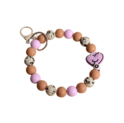 Hemasa Personalized Bangle Silicone Bead  Stretch Wristlet bracelet/ Keychain with  Keyring Gift for Teacher Mom Nurse Gift