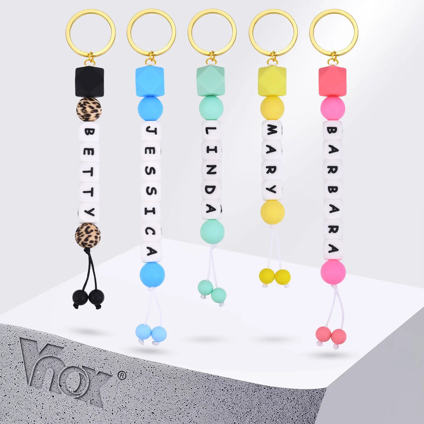Hemasa Personalized 2-8 Letters Name Leopard Silicone Bead Keychain/ Fashion Bag Pendant Charm