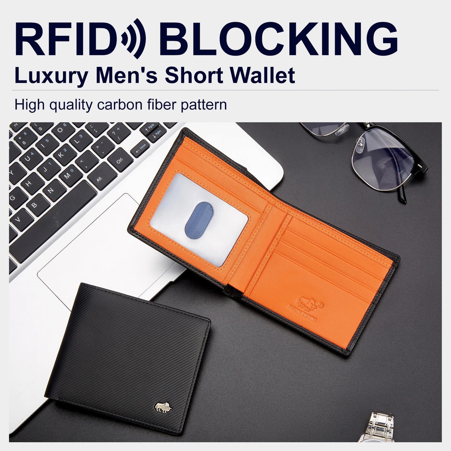 Hemasa  Men's Carbon Fiber Short Wallet Luxury Designer RFID Blocking Card Holder Coins Pocket Purse Gift