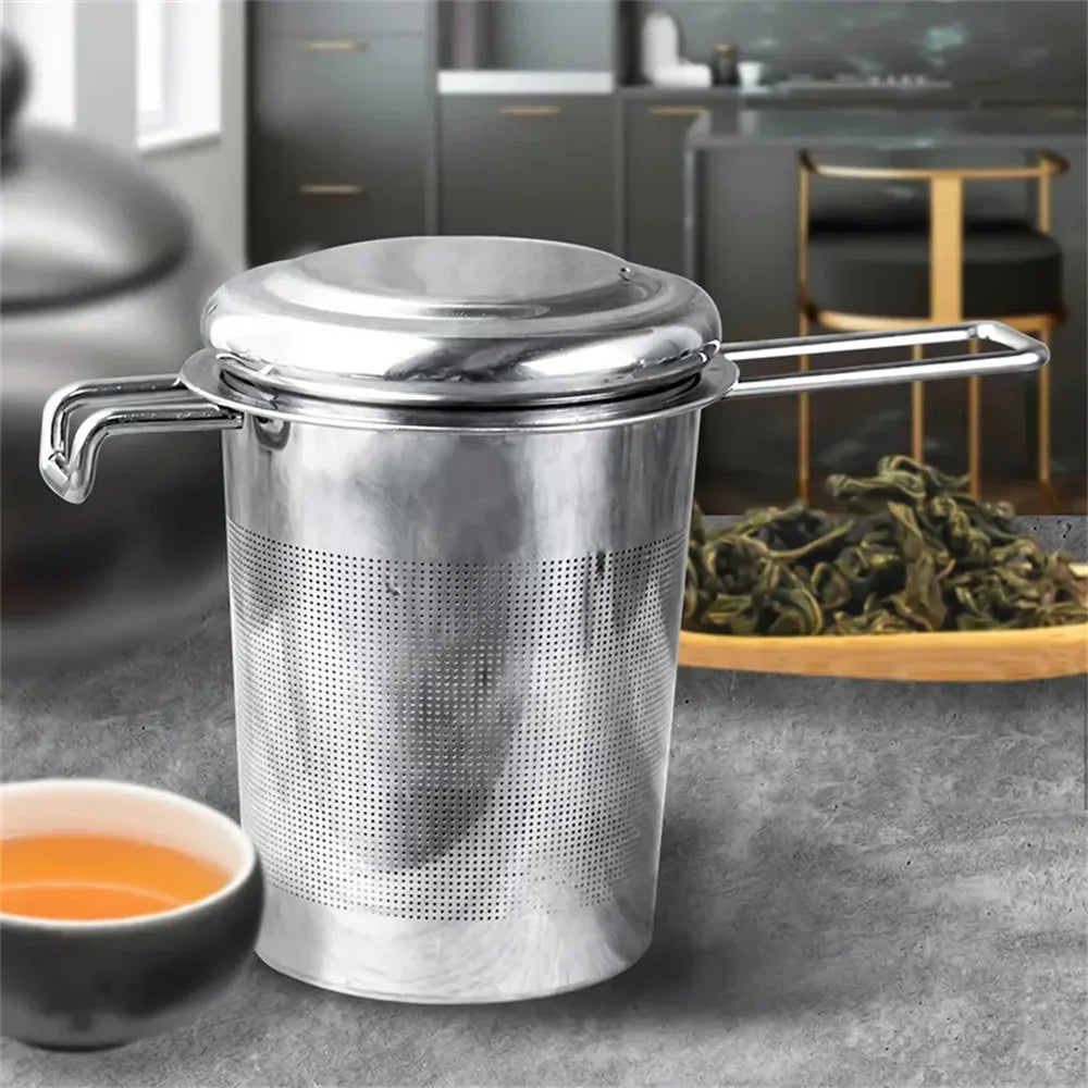 Hemasa 1pc Premium Stainless Steel Tea Filter Extended Folding Handle, Loose Tea Drainer with Lid,Anti-Scald Multi-Purpose Tea Strainer
