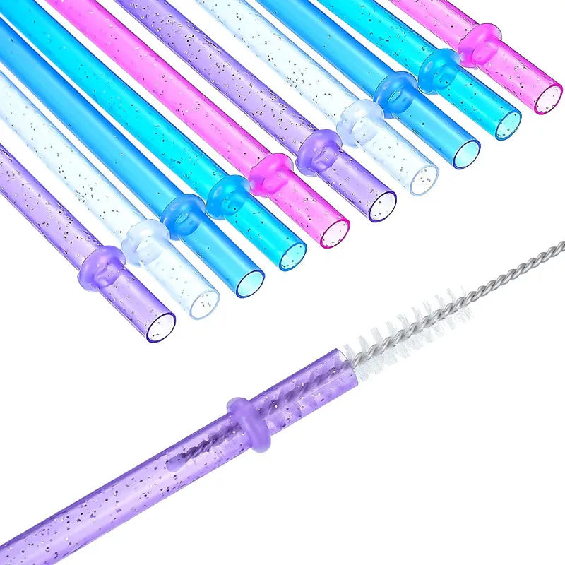 Hemasa 9inches  20 Pieces Reusable Drinking Straws  Colorful Plastic Straws Clear Glitter Unbreakable Straw with Cleaning Brush for Party