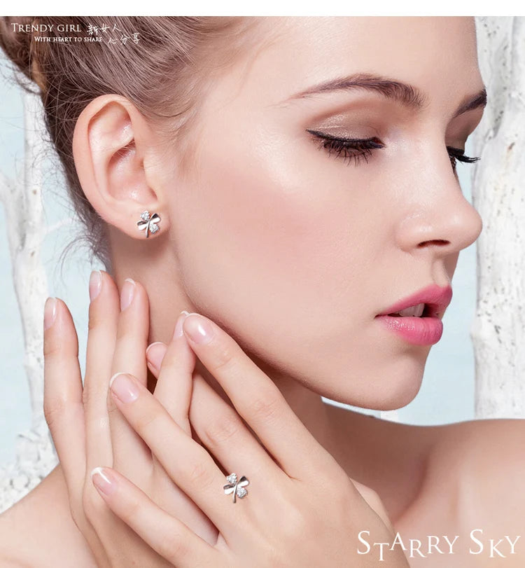 Hot Sale 925 Sterling Silver Heart Earring Brincos Pendientes Lucky Clover Stud Earring For Women Gift Oorbellen S-e55
