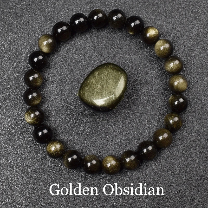 Tejesa Natural Golden Obsidian Stone Beads Bracelet Men Women/ Golden Light Rainbow Obsidian Raw Stone Round Bead Natural Energy Jewelry