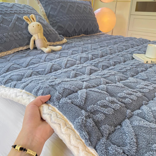 Thick Coral Fleece Mattress Pad Warm Bed Blanket Pads for Winter Solid Color Mattress Protector Cover for Double Beds