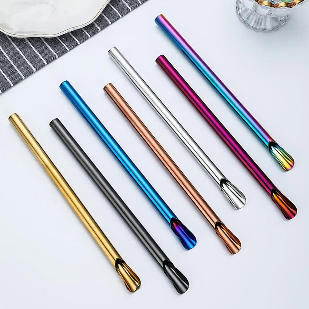 Hemasa 2Pcs  Stainless Steel Reusable Spoon Drinking Straw  Stirring Spoon with Brush Set
