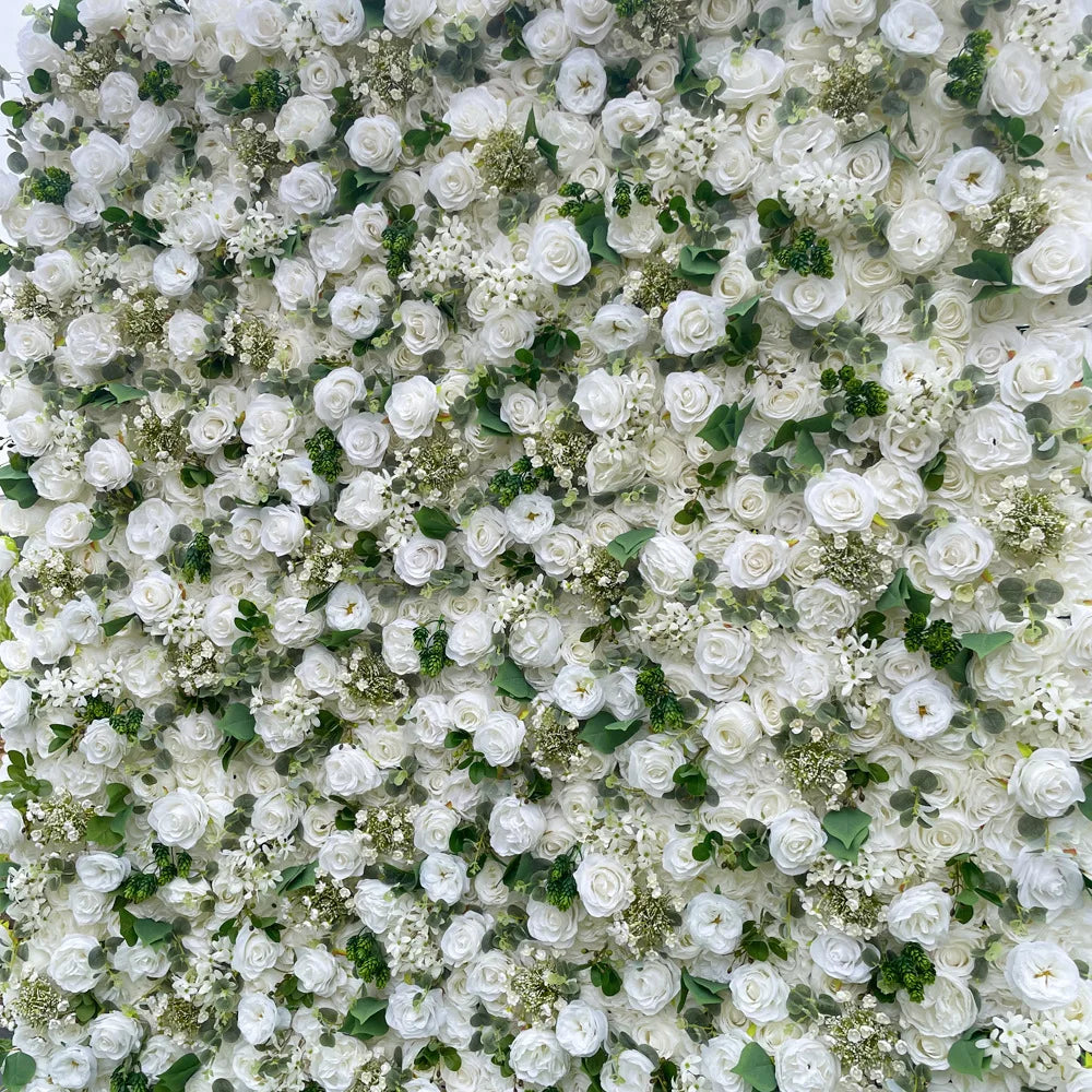 Rose Hydrangea Green Leaf Artificial Flowers Wall Cloth White Roll Up Curtain Hang Floral Wedding Event Backdrop Decor Props
