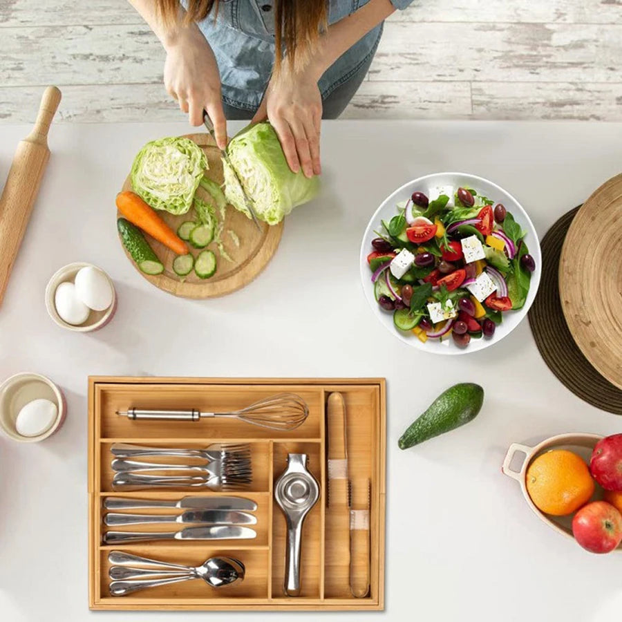 Hemasa Bamboo Cutlery Rack Expandable Drawer Organizer, Adjustable Cutlery Tray, Wooden Cutlery Drawer Divider Organizer
