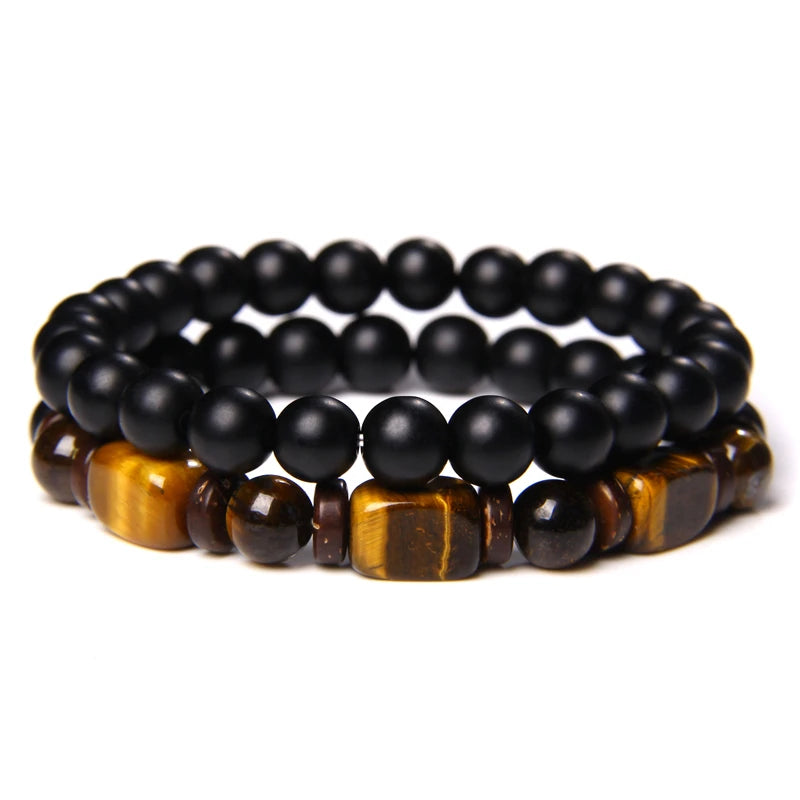 2pcs/set Beaded Bracelet Natural Stone Tiger Eye Hematite Beads Bracelet Men Energy Elastic Rope Bracelet Jewelry Couples Gifts