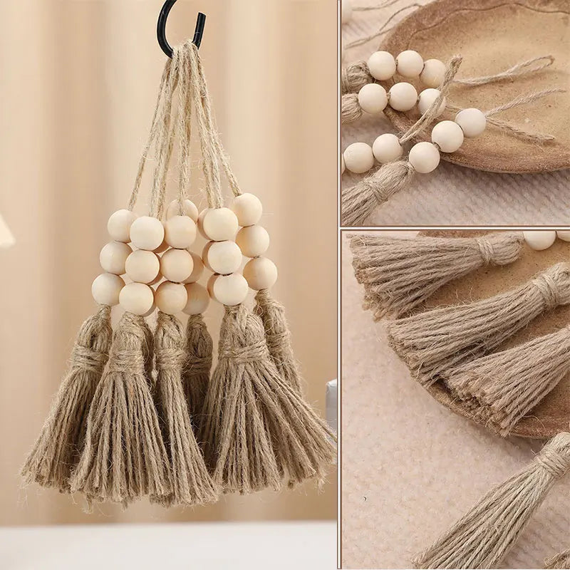 5pcs Jute Tassel with 3 Wood Beads Retro Country Bead String Twine Fringe for DIY Crafts Tassels Home Wedding Party Decor