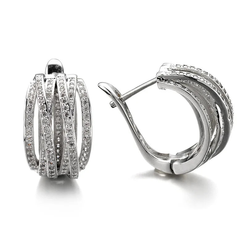 Hemasa New Trendy Hoop Earrings for Women /Silver Color Overlapping Cubic Zirconia Earrings Fashion Versatile Jewelry Drop Ship