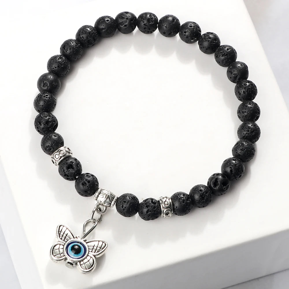 Heamsa 6mm Beads Bracelet with Butterfly  Charm for Women