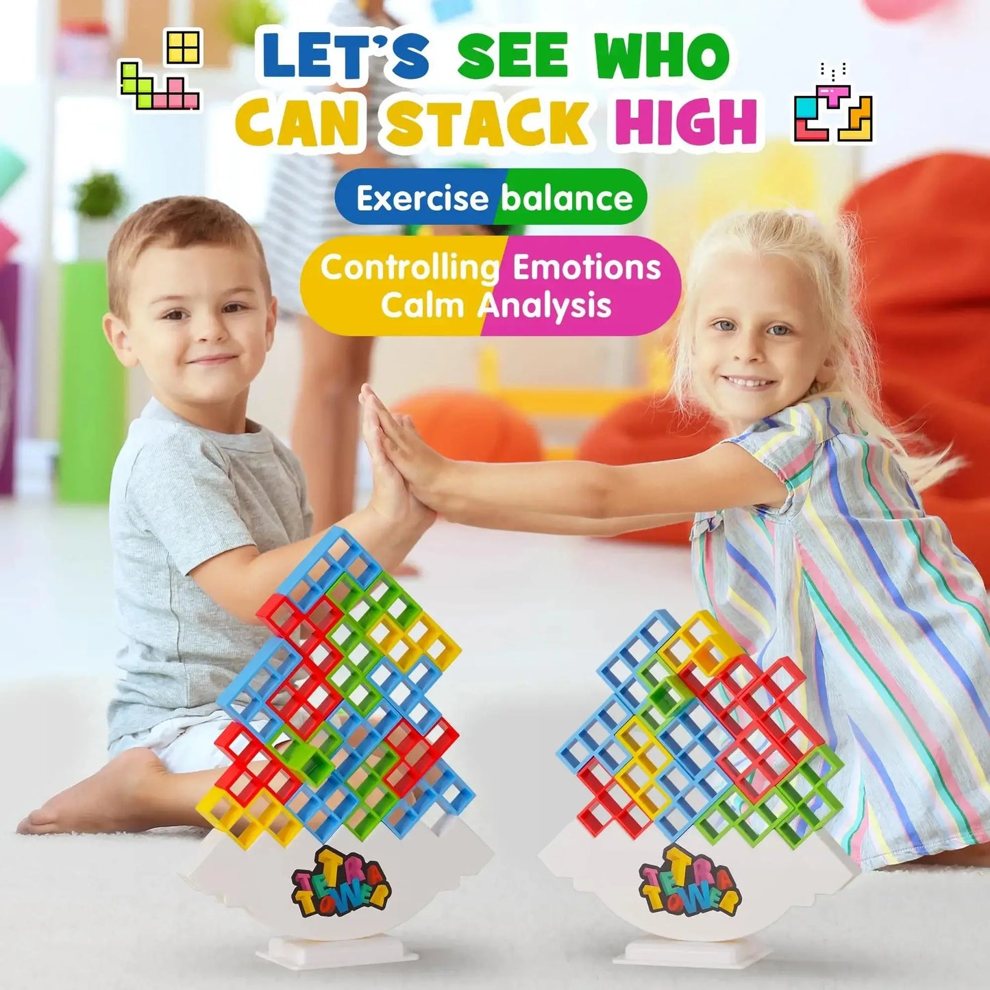 Hemasa 64PCS Tetra Tower Fun Balance Stacking Building Blocks Board Game for Kids Adults Friends Team Dorm Family Game Night and Partie