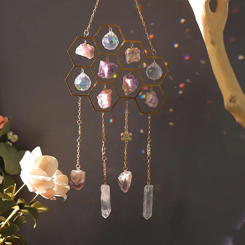 Crystals Honeycomb Suncatcher Window Hanging Decor Raw Mineral Amethyst Fluorite Gems Natural Stones Home Indoor Ornament Gifts