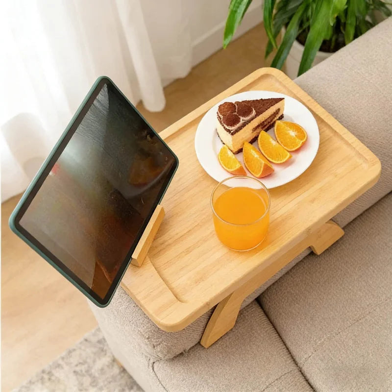 Tejesa Living Room Side Table Bamboo Clip-on Coffee Table with Phone Holder Sofa Armrest Fixed Storage Rack