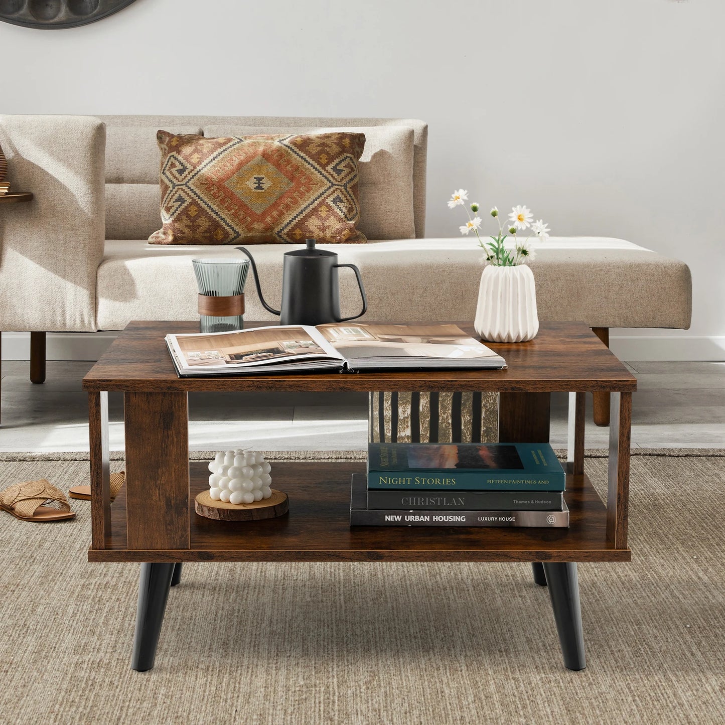 GOFLAME Small Coffee Table for Small Space 2-Tier Wooden Center Table with Open Storage Shelf