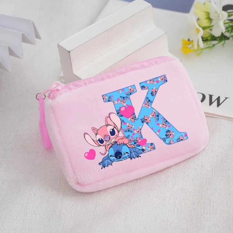 Disney Stitch Plush Coin Purse Cute Anime Cartoon A-Z Letter Stich Printed Wallet Kawaii Girls Earphone Storage Zipper Bag Gifts