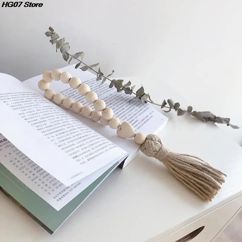 New 1Pc Log Color Wood Bead Garland Rustic Wall Hanging Hemp Rope Tassel Beaded with Heart Knot Woven Pendant Home Decoration