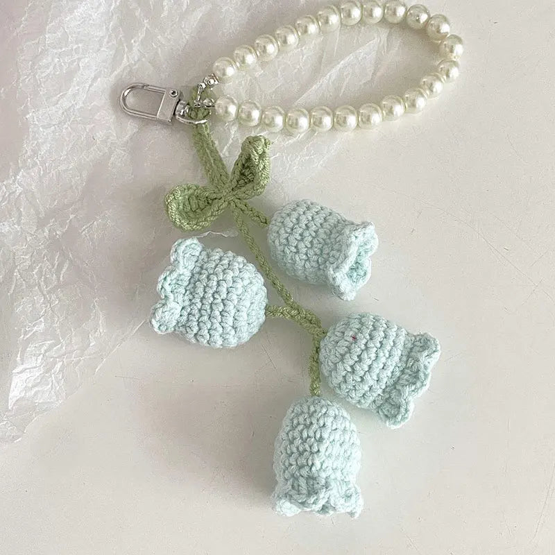 Hemasa 1pc Sweet Wool Crochet Lily Of The Valley Keychain Girls Pearl Chain Bag Pendant