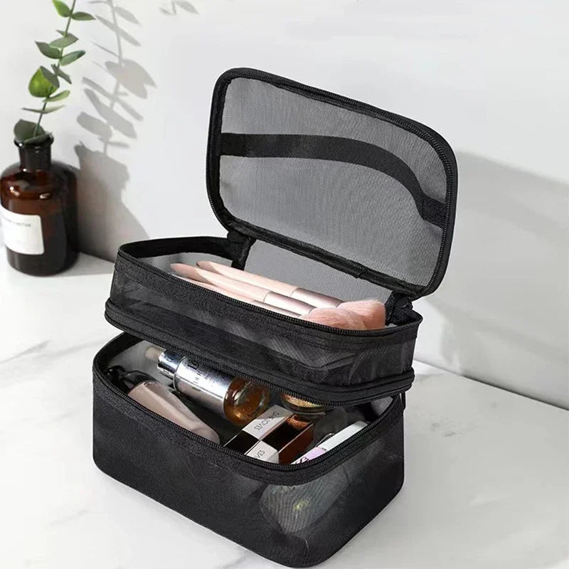 Hemasa Double Layer Mesh Cosmetic Bag  for Women/ Portable Make Up Case Big Capacity Travel Zipper Makeup Organizer Toiletry Storage Box