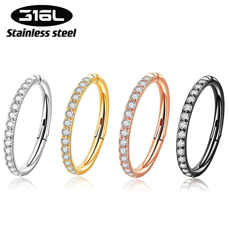 1PC Piercing Jewelry Nose Ring Hinge Clicker Nose Septum Stainless Steel Piercing Daith Helix Cartilage Earring Rook Hoop CZ 16G