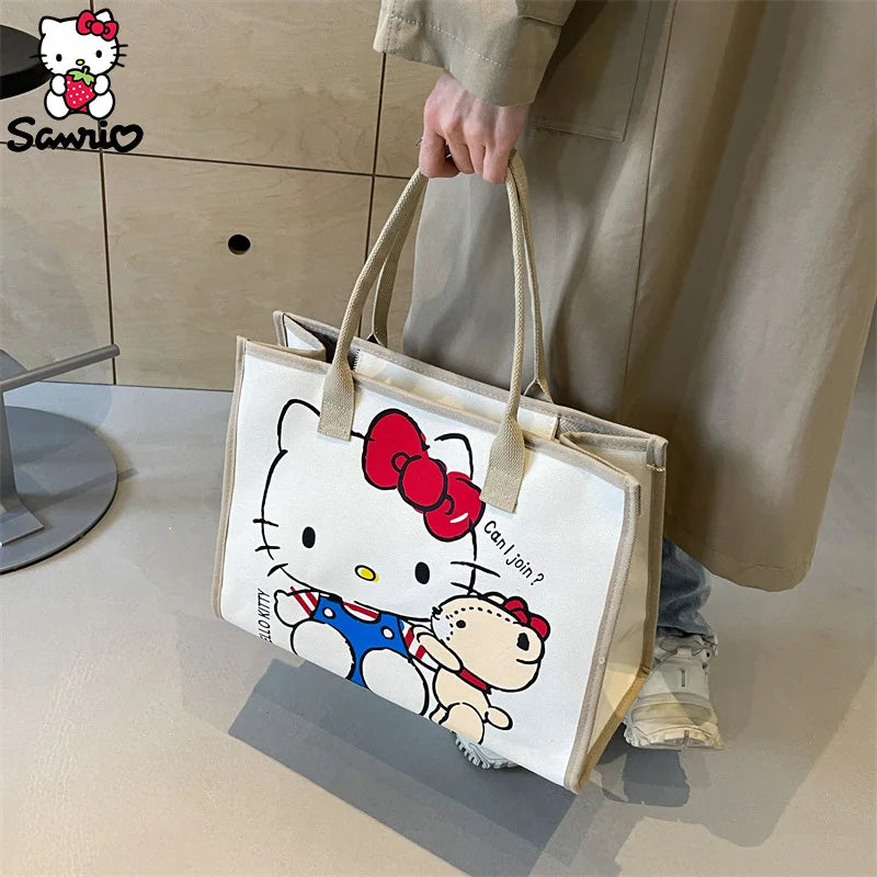 Hemasa Hello Kitty Canvas Bag  Tote Bag Shoulder Storage makeup  Pouch Anime Handbag Travel Shopping Bag Kid Schoolbag Girl Gift
