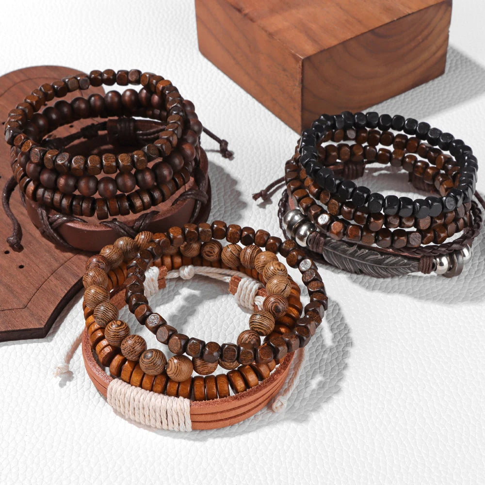 Fashion Braided Wrap Leather Bracelet Vintage Wood Beads Feather Skull Arrow Ethnic Bracelets Bangles Men Women Energy Jewelry