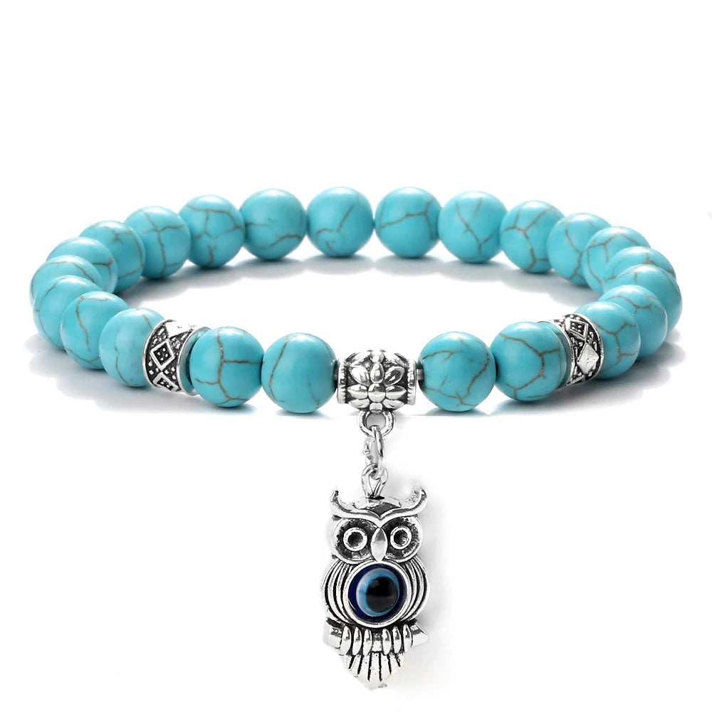 6 8mm Blue Natural Stone Bracelets Women Classic Owl Beaded Charm Yoga Bracelets Bangles Couple Wristband Jewelry Gifts Pulsrea