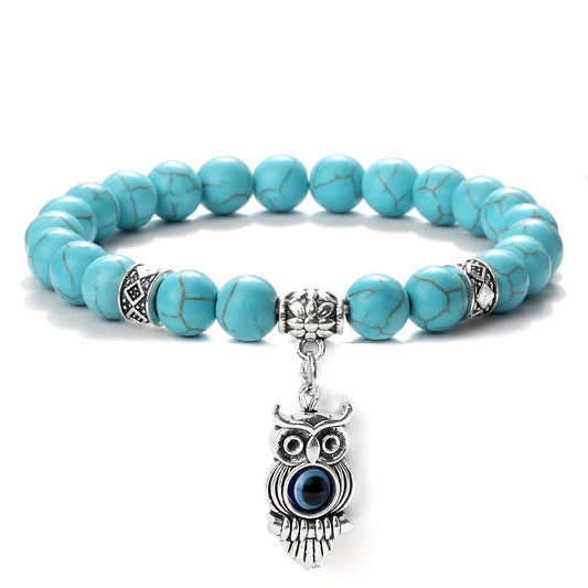 6 8mm Blue Natural Stone Bracelets Women Classic Owl Beaded Charm Yoga Bracelets Bangles Couple Wristband Jewelry Gifts Pulsrea