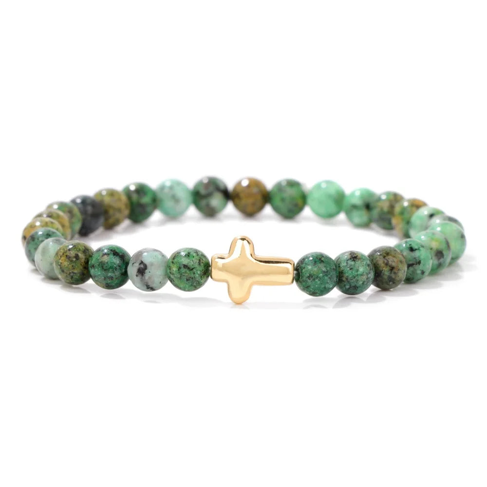 Tejesa 6mm Amethysts Bracelet Gold Color Jesus Cross Natural Stone Tiger Eye Opal African Turquoises Elastic Bracelets For Women Men