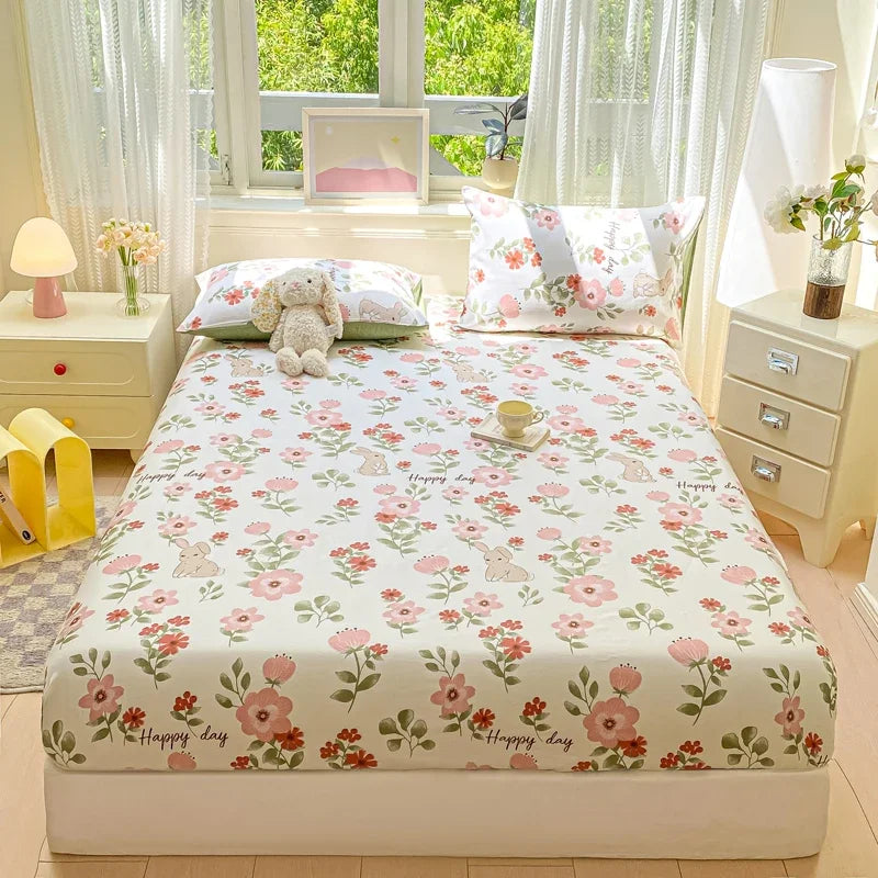 Cotton Fitted Sheet Single Double Queen Size Printed Mattress Cover With Elastic Band Bedsheet Soft Comfortable Fitsheet