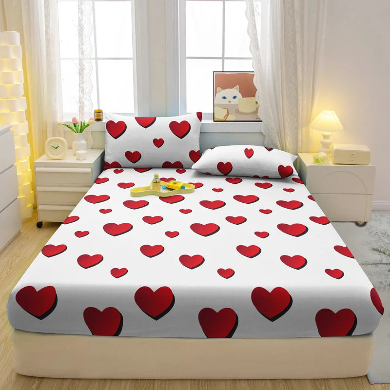 1 Simple Modern Heart-Shaped Printed Matte Fitted Sheet, Bedroom Printed Bed Cover, Bedding (Excluding Pillowcases)