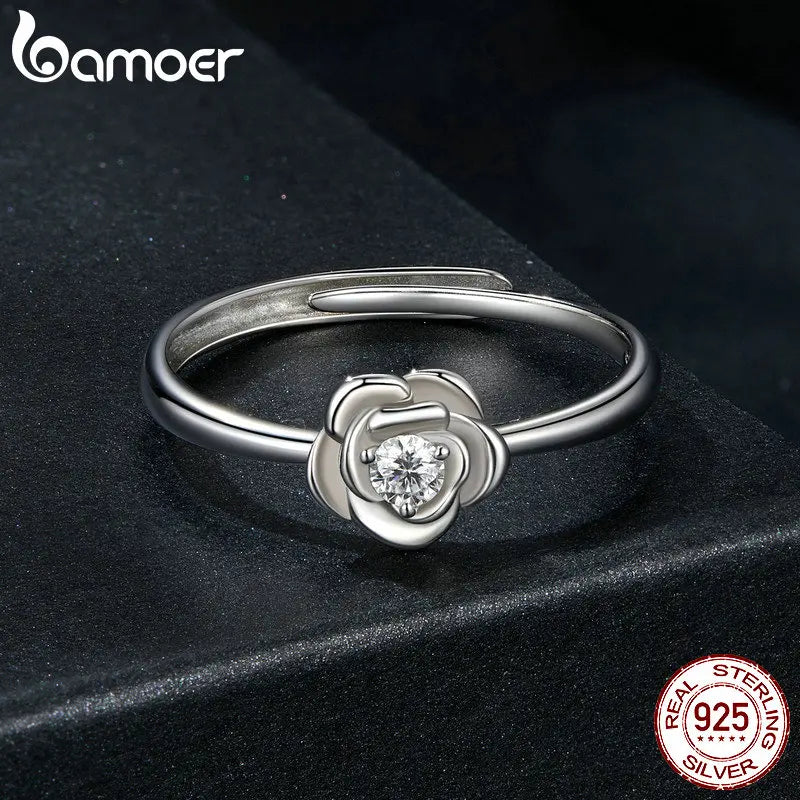 BAMOER Flower Moissanite Engagement Rings for Women, 925 Sterling Silver Big Flower Shaped Moissanite Halo Ring MSR054-E