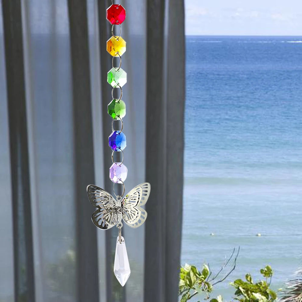 Chakra Suncatcher Butterfly Hanging Rainbow Marker Garland Crystal Icicle Prism Pendulum Light Catcher Bead Chain Strand Decor
